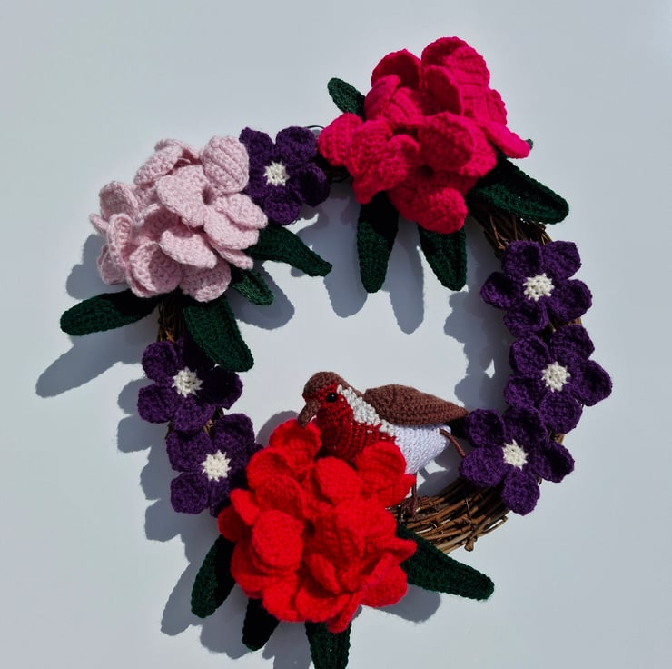 Crocheted rhododendron flowers and a robin ad... - Folksy