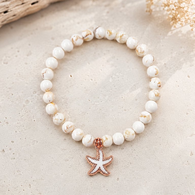 NEW White Shell Howlite Starfish Charm  Bracelet - Handmade Gift