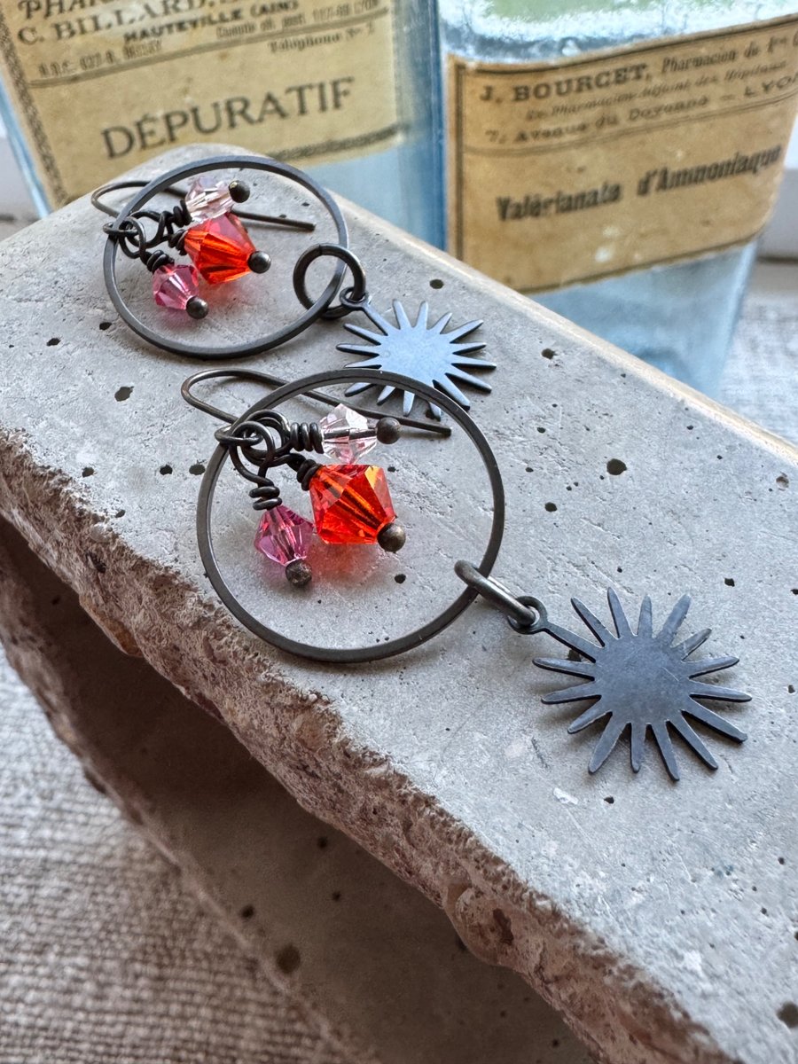 Antique Finish Crystal Dangle Earrings With Crystals in Hyacinth Orange and Pink