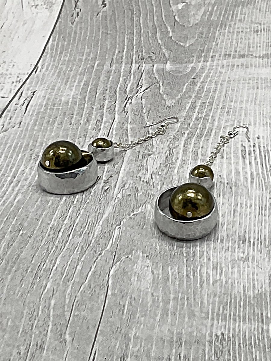 Aluminium Round Tube, Recycled Bronze Beads and Chain Dangle Earrings, Upcycled