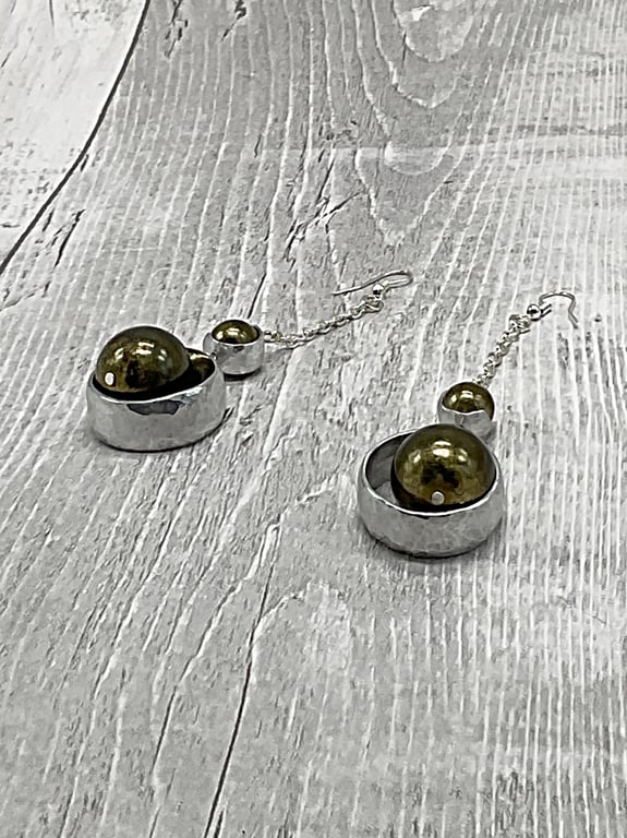 Aluminium Round Tube, Recycled Bronze Beads and Chain Dangle Earrings, Upcycled