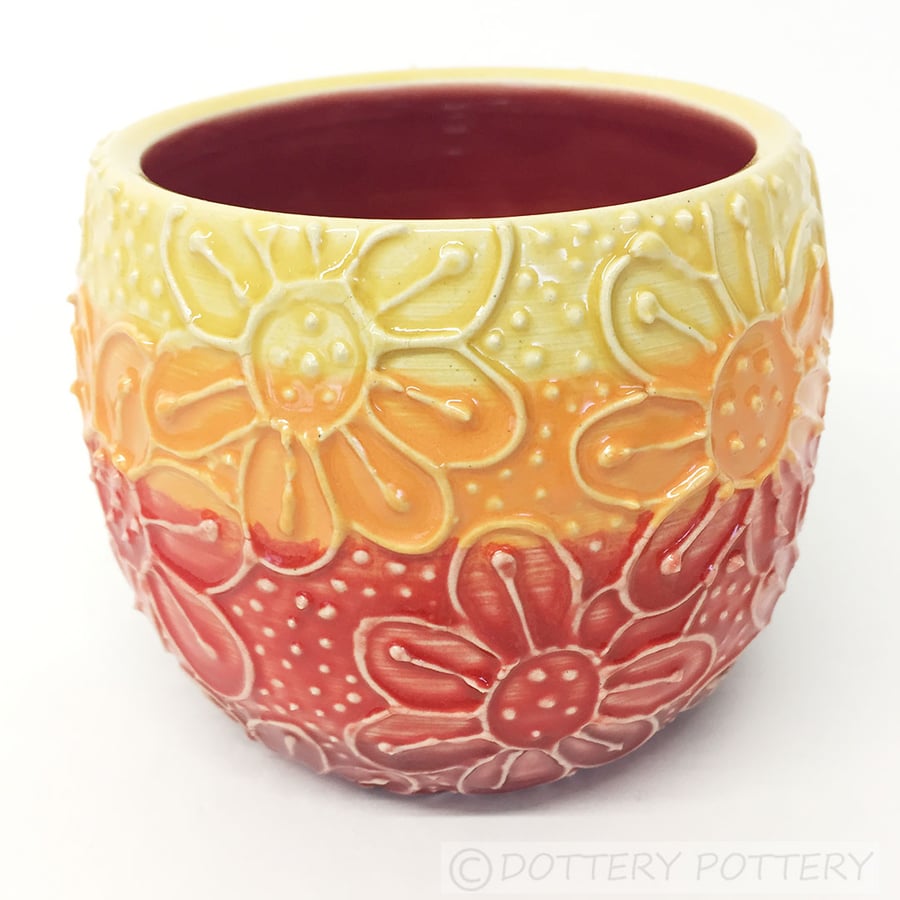 Orange ceramic pot small pottery bowl beautiful raised pattern plant pot