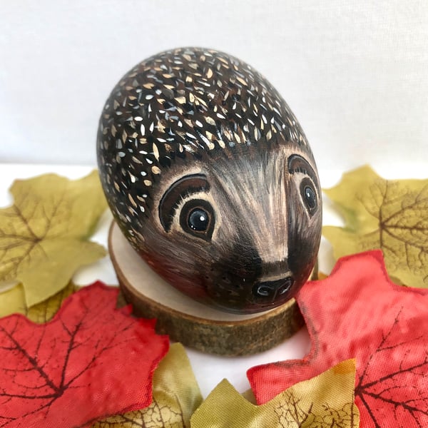 Hedgehog hand painted wooden egg ornament