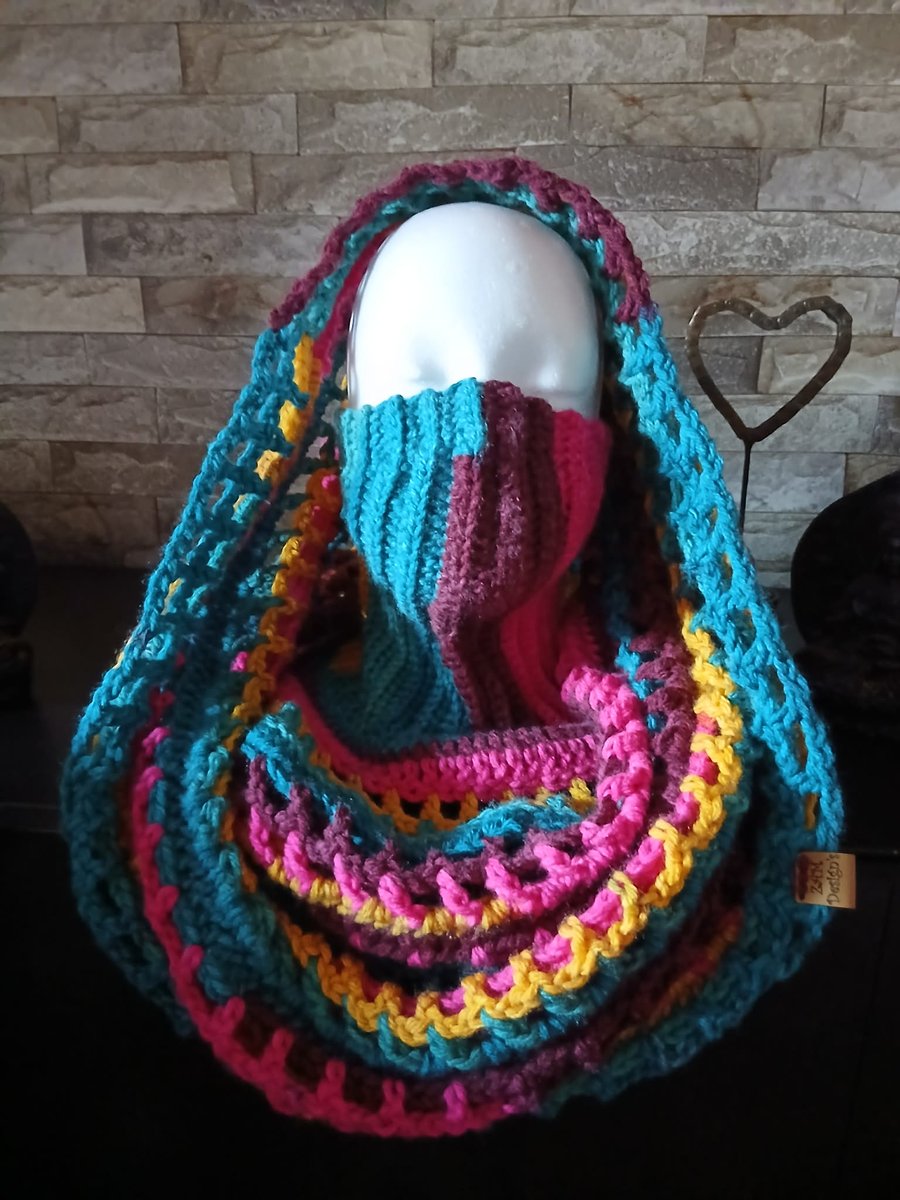 Crocheted Wasteland Hood Distressed Hooded Shawl Style Wrap - Multi with Pink