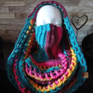 Crocheted Wasteland Hood Distressed Hooded Shawl Style Wrap - Multi with Pink