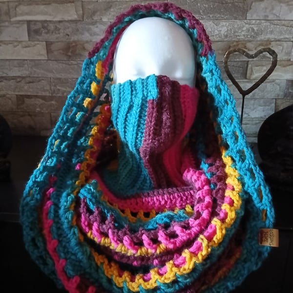Crocheted Wasteland Hood Distressed Hooded Shawl Style Wrap - Multi with Pink