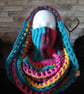 Crocheted Wasteland Hood Distressed Hooded Shawl Style Wrap - Multi with Pink