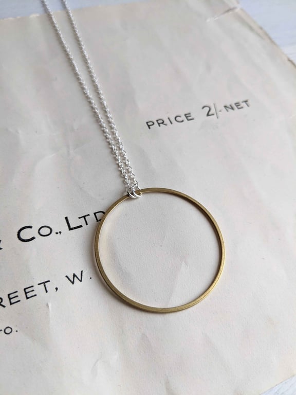 Large Gold Circle necklace - silver and golden brass - mixed metals - 1" 12 