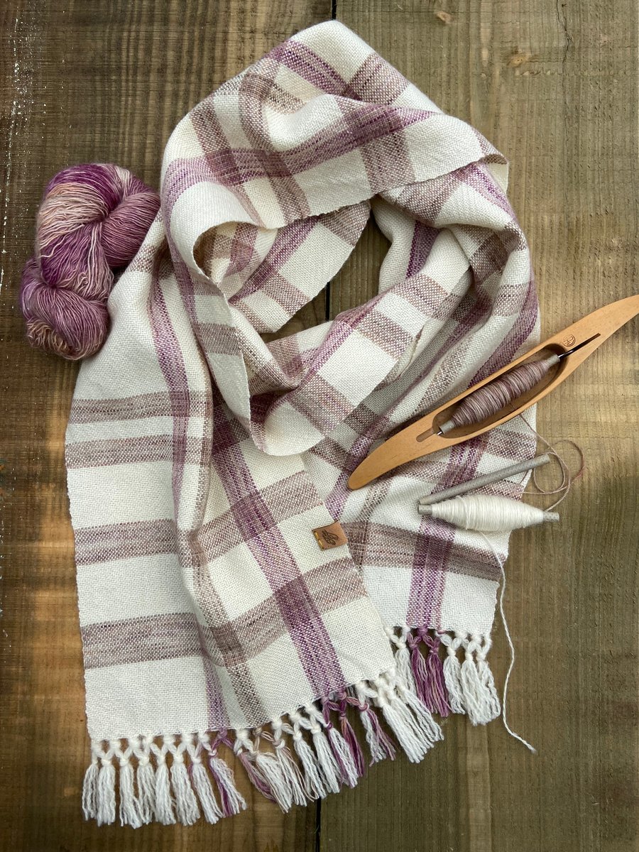 Hand Painted & Woven British Wool Clover Check Scarf With Hand Tied Tassels
