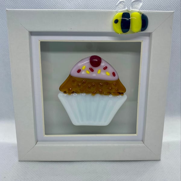 Handmade fused glass cupcake in a box frame 