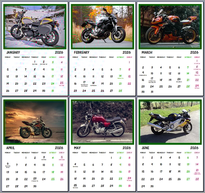 2026 A4 Calendar Motor Bikes Themed  