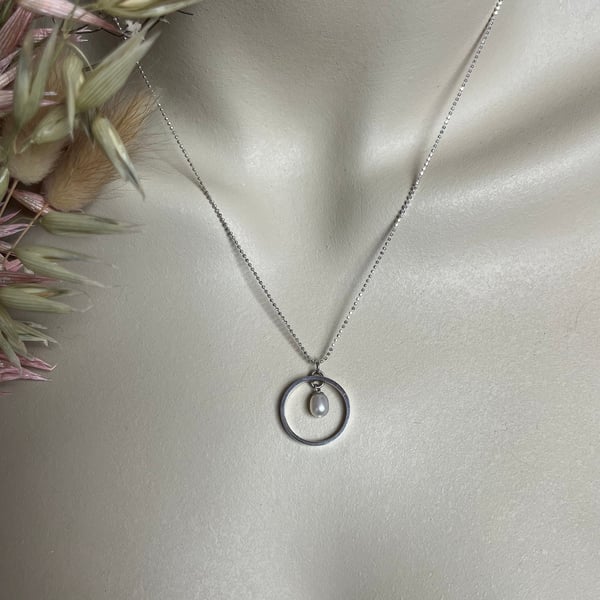 Handmade Rice Pearl Hoop Pendant on 18" Diamond Cut Ball Chain 
