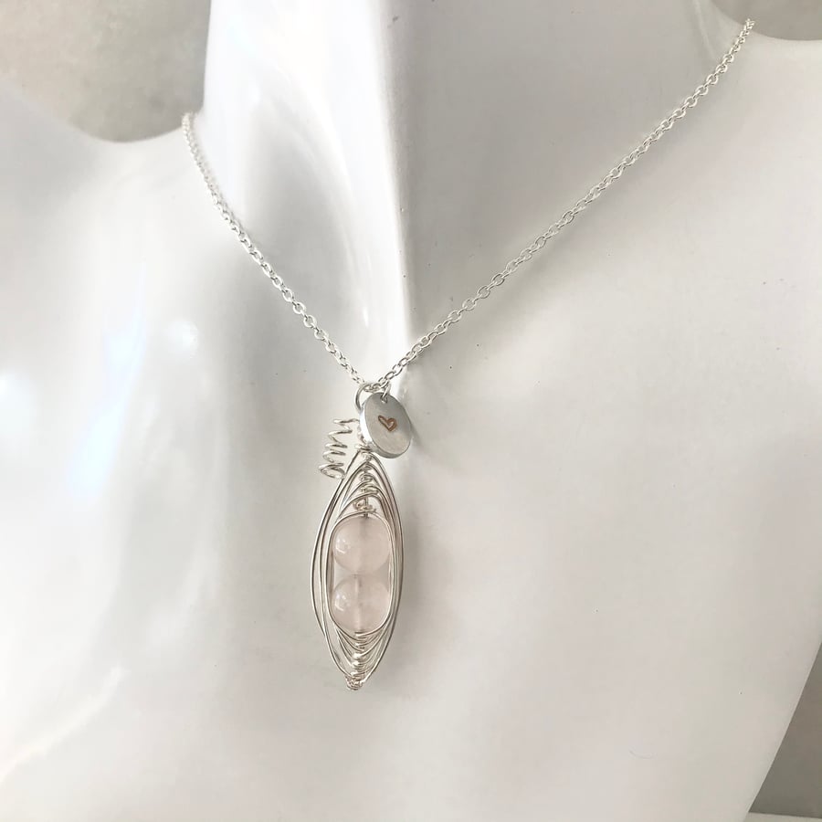 Handmade pea pod necklace with pink semi precious rose quartz 