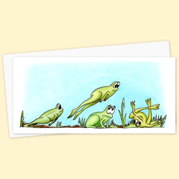 Leap Frogs Greeting Card: Funny Amphibian Games Illustration - Blank Card (210)