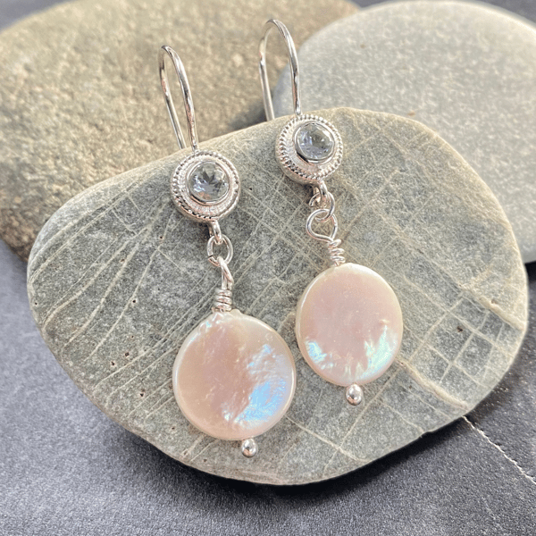 Light Blue Topaz, Pearl & Sterling Silver Earrings