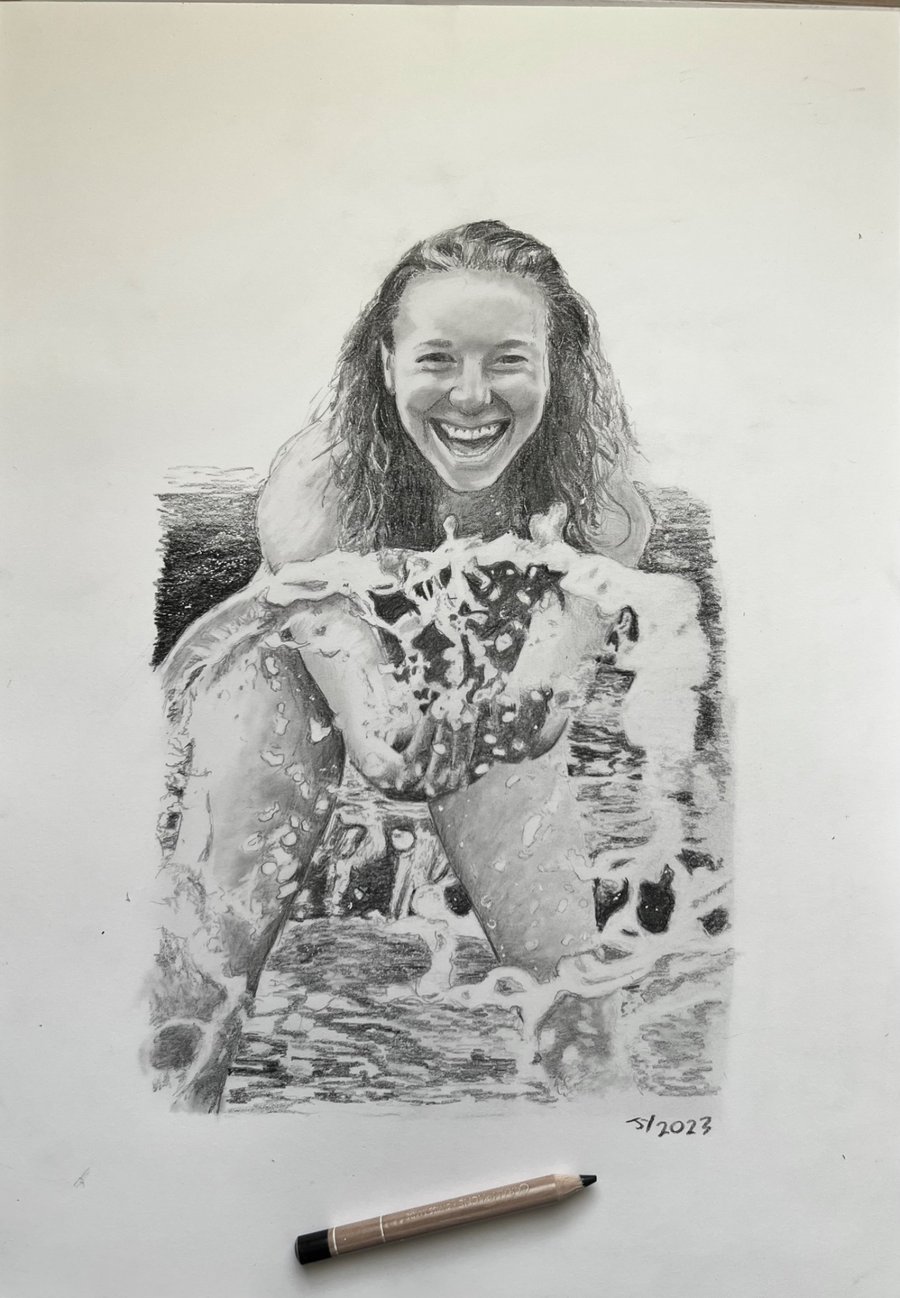 Original framed A3 portrait of girl in water