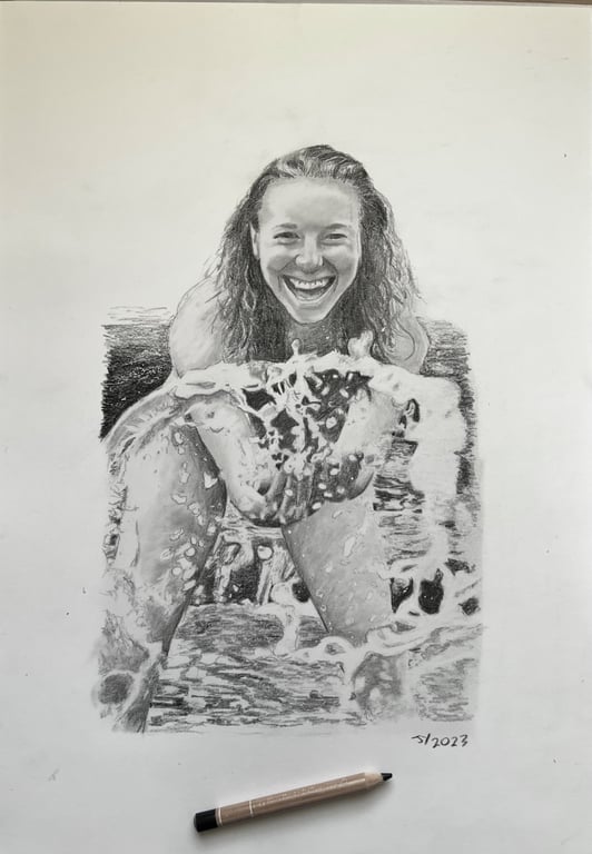 Original framed A3 portrait of girl in water