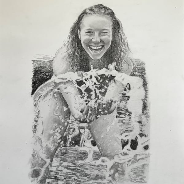 Original framed A3 portrait of girl in water