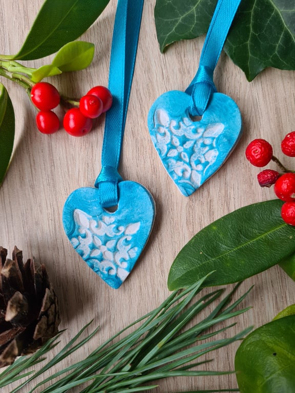 2 clay gift tags blue and white embossed Christmas decorations 