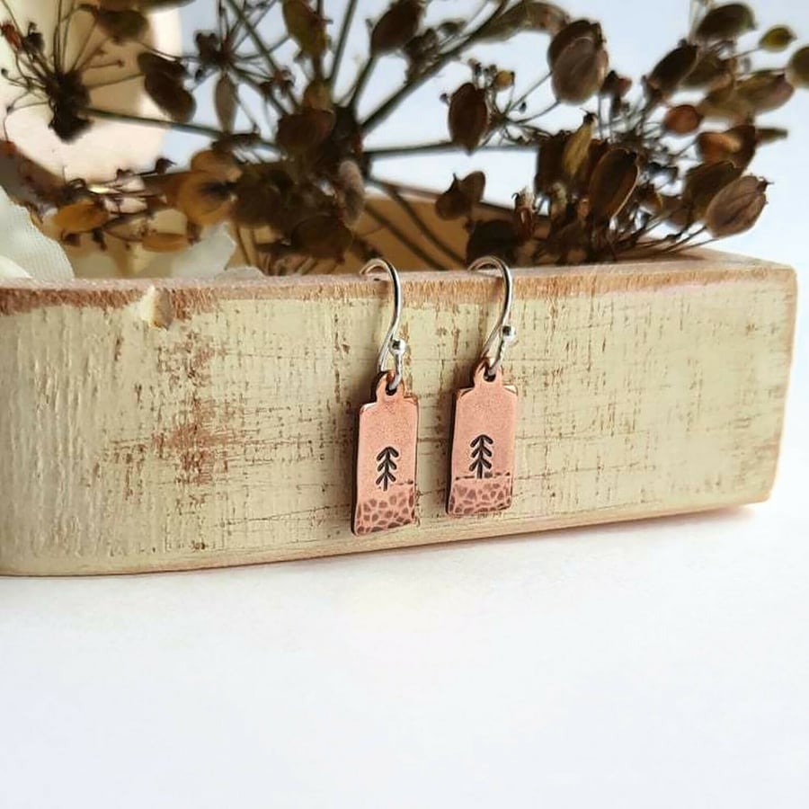 Hand Stamped Copper Pine Tree Earrings on Sterling Silver Wires