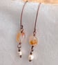Carnelian and pearl handmade copper earrings, June birthstone, July birthstone - Image 3