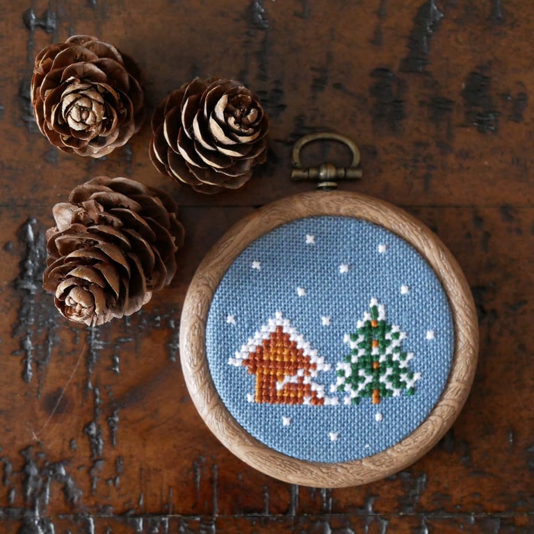 Snowy Chalet Cross Stitch Christmas Ornament – Blue Spruce 3" Hoop Decoration