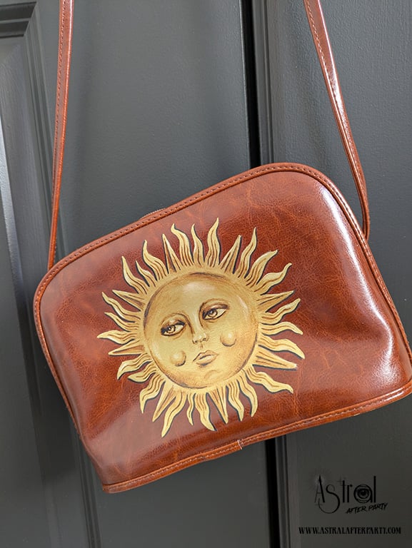 Hand-Painted Gold Sun Faux Leather Bag