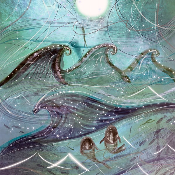 Selkie Art Print, Selkie Seal Moon Magic, Celtic Sea, Seal Wall Decor