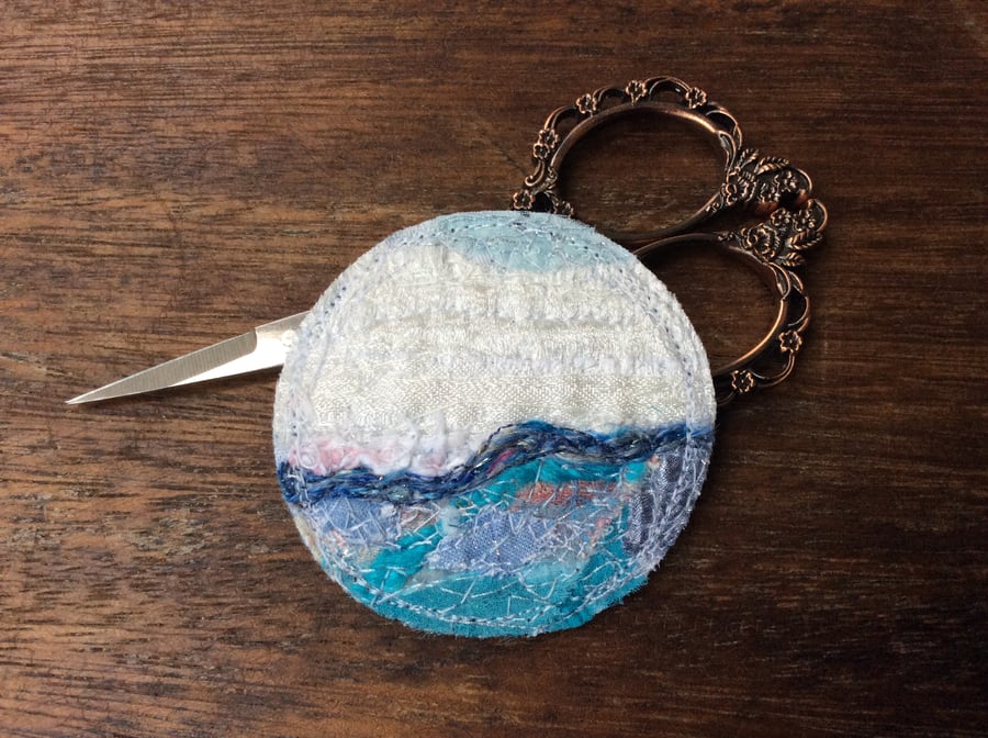 Embroidered up-cycled seascape brooch pin or badge. 