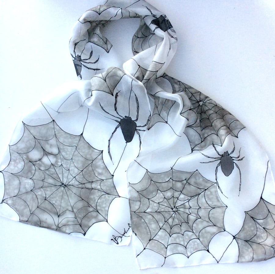 Spider  hand  painted silk scarf size  25 x 150cm