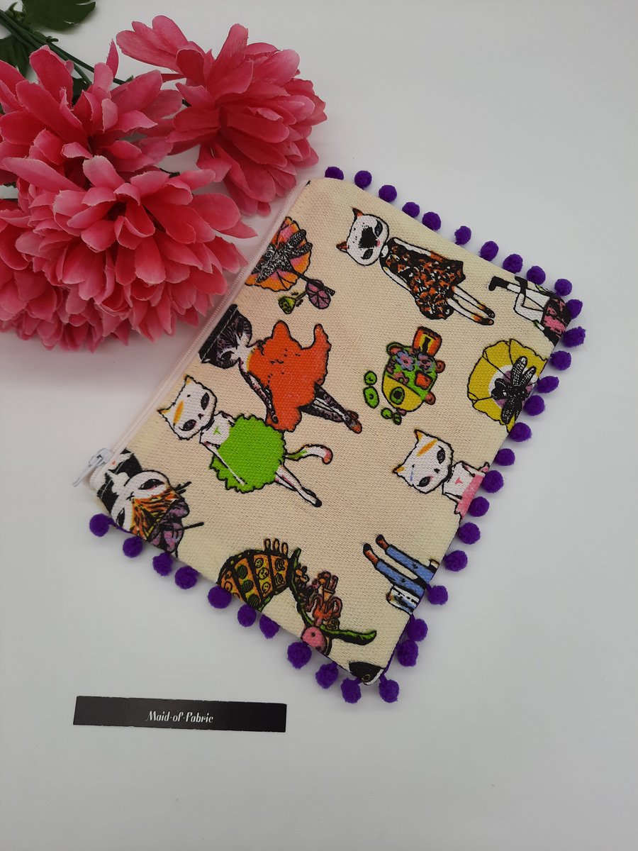 Pencil case in crazy cat fabric with purple bobble trim. SALE 