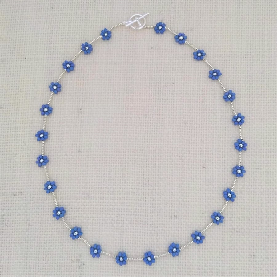 Soft Blue Daisy Beaded Necklace