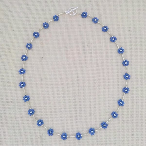 Soft Blue Daisy Beaded Necklace