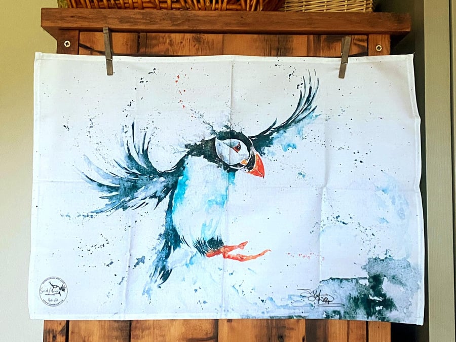 Puffin Tea Towel, Wildlife Art Tea Towel, 100% Cotton, Homeware, Textiles, Water