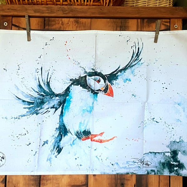 Puffin Tea Towel, Wildlife Art Tea Towel, 100% Cotton, Homeware, Textiles, Water