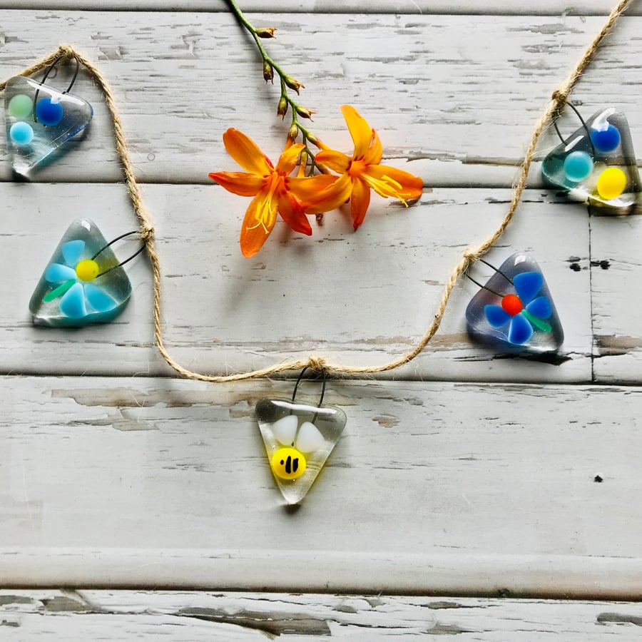 Colourful fused glass mini bunting, bees, flowers 