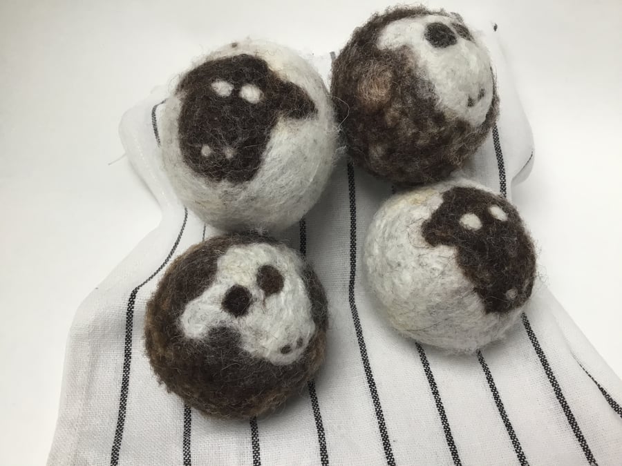 Sheep design Tumble dryer balls made from waste and felted wool. 