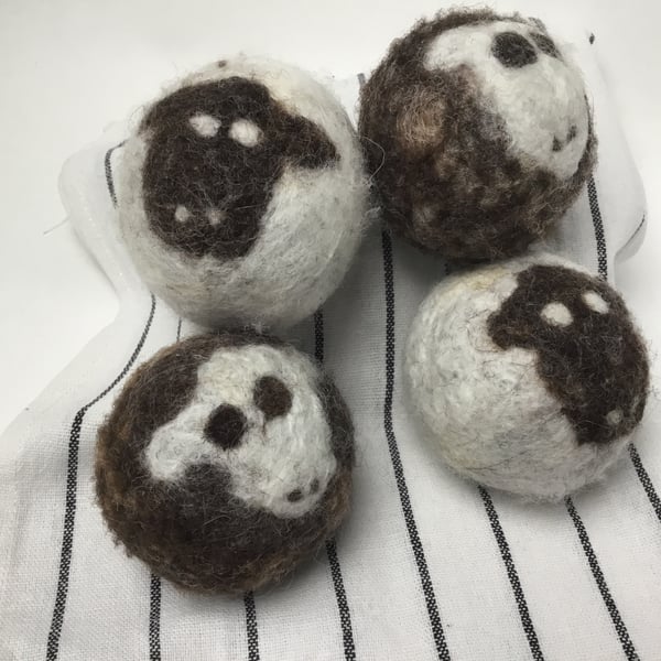 Sheep design Tumble dryer balls made from waste and felted wool. 