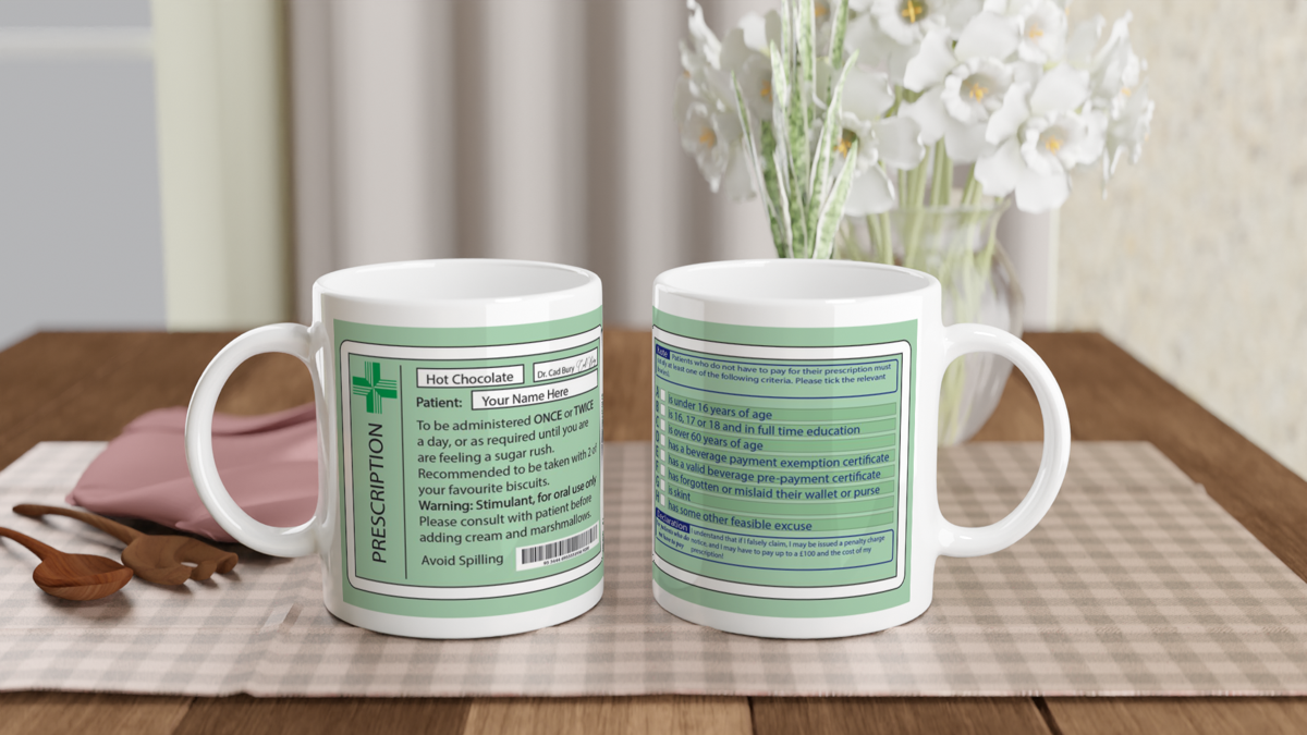 Joke ceramic Hot Choc prescription mug and coaster. Gift for medical profession