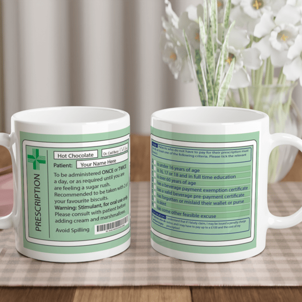 Joke ceramic Hot Choc prescription mug and coaster. Gift for medical profession