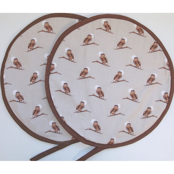 Aga Hob Lid Mats Owl x 2 Pads Hats Round Cover With Loop Brown Owls Moon Pair