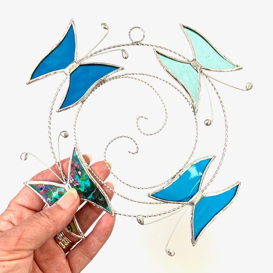 Small Butterfly Circle  Suncatcher - Handmade Decoration - Turquoise Teal
