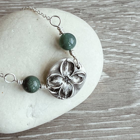 Botanical silver pendant with lilac and moss agate.
