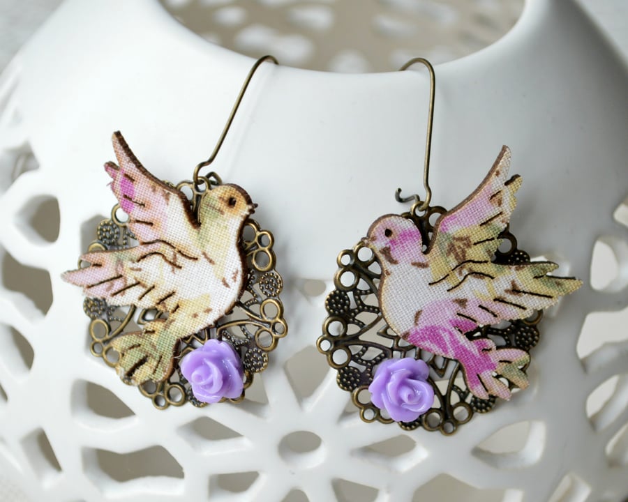 Vintage Inspired Earrings with Decoupage Birds and Purple Roses