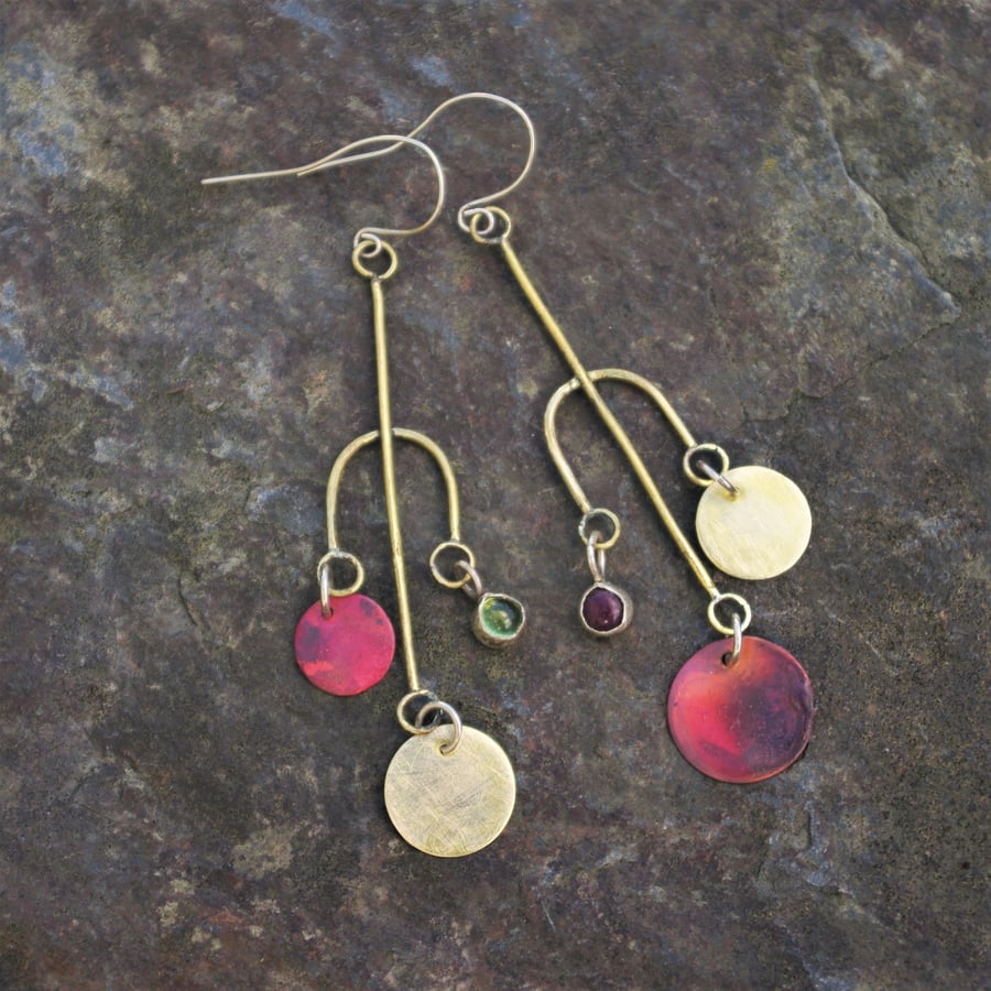 Long Brass Mismatched Chandelier Earrings with a Green Peridot and  a Red Ruby