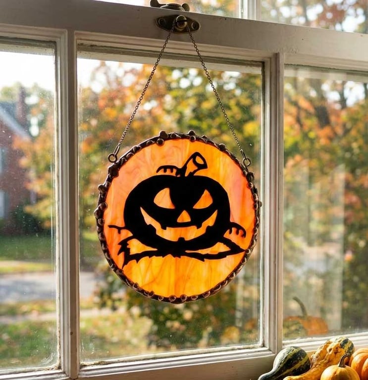 Halloween  Silhouette Pumpkin on Orange  Stained Glass  Suncatcher 