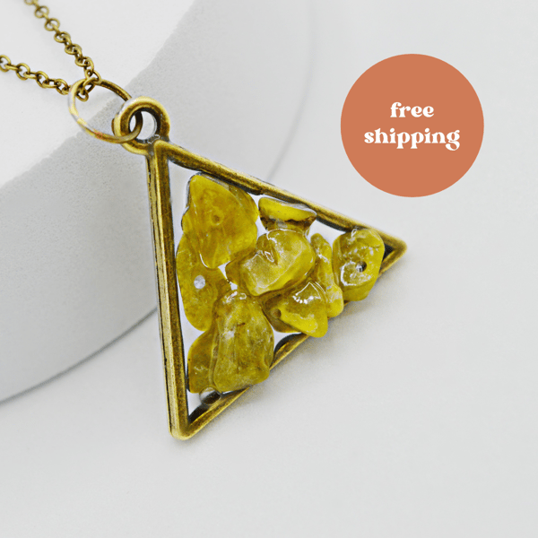 Peridot Antique Brass plated Triangle Worry Stone Necklace - Free Postage
