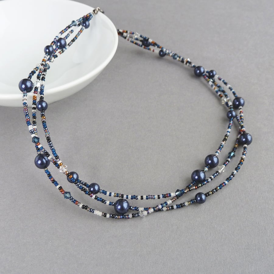 Navy Blue Multi Strand Twisted Necklace - Dark Blue Pearl and Crystal Jewellery