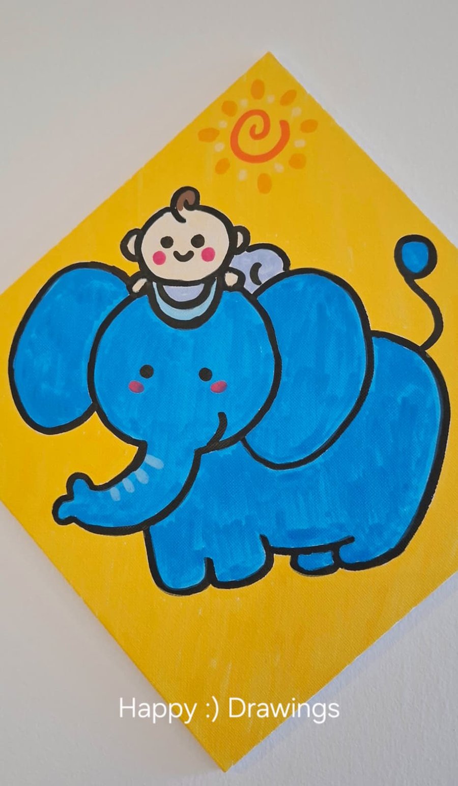 New Born Gift Baby and Elephant Original Hand Drawing Painting Acrylics OOAK :)