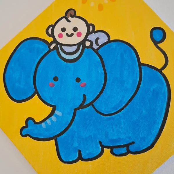 New Born Gift Baby and Elephant Original Hand Drawing Painting Acrylics OOAK :)